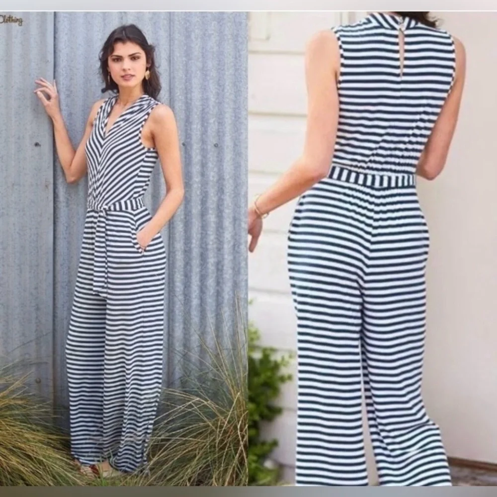 Matilda Jane Blue and White Striped Sleeveless Belted Jumpsuit Sz.‎ L